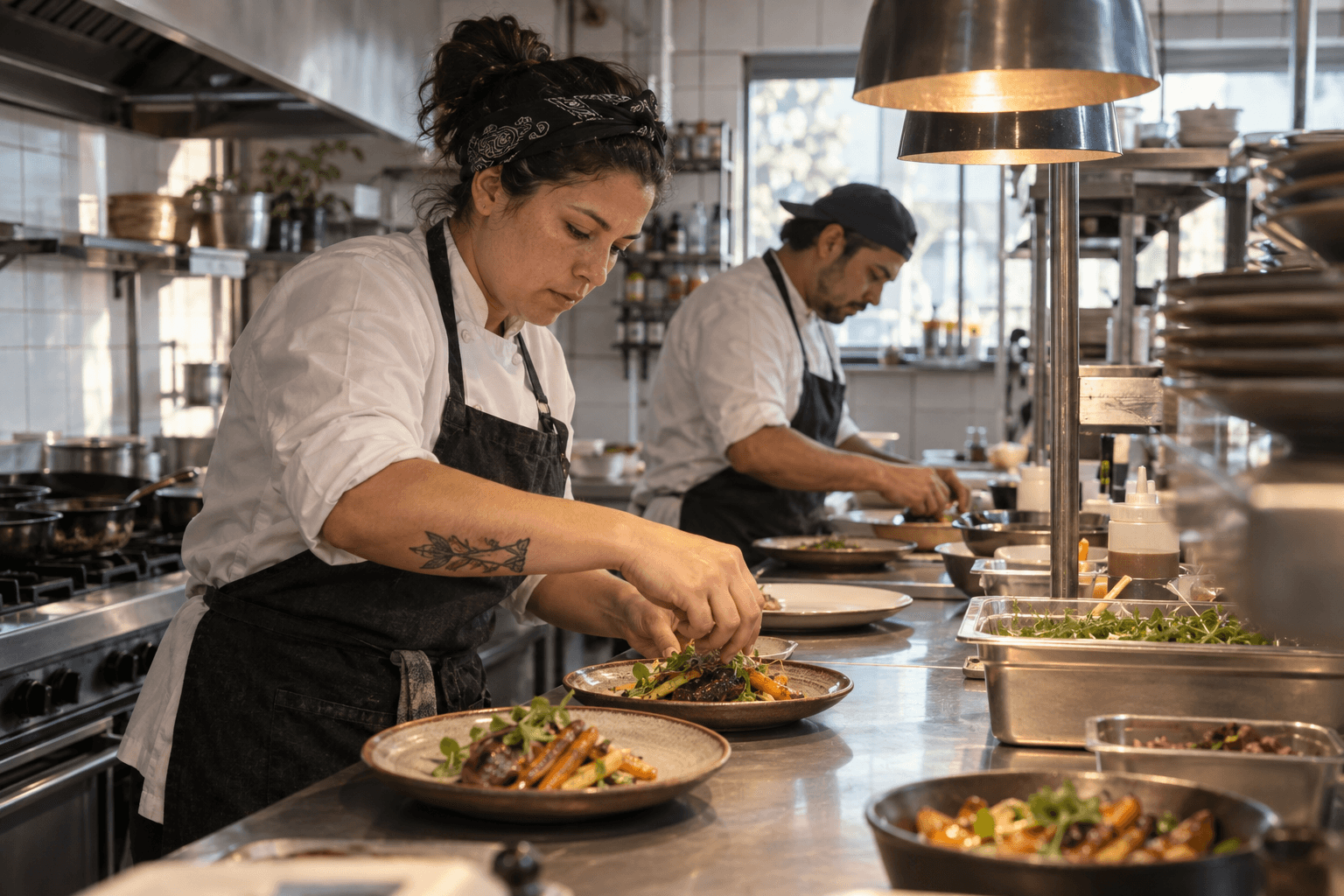 Escena de pos, comandas en cocina, cobros y gift cards.