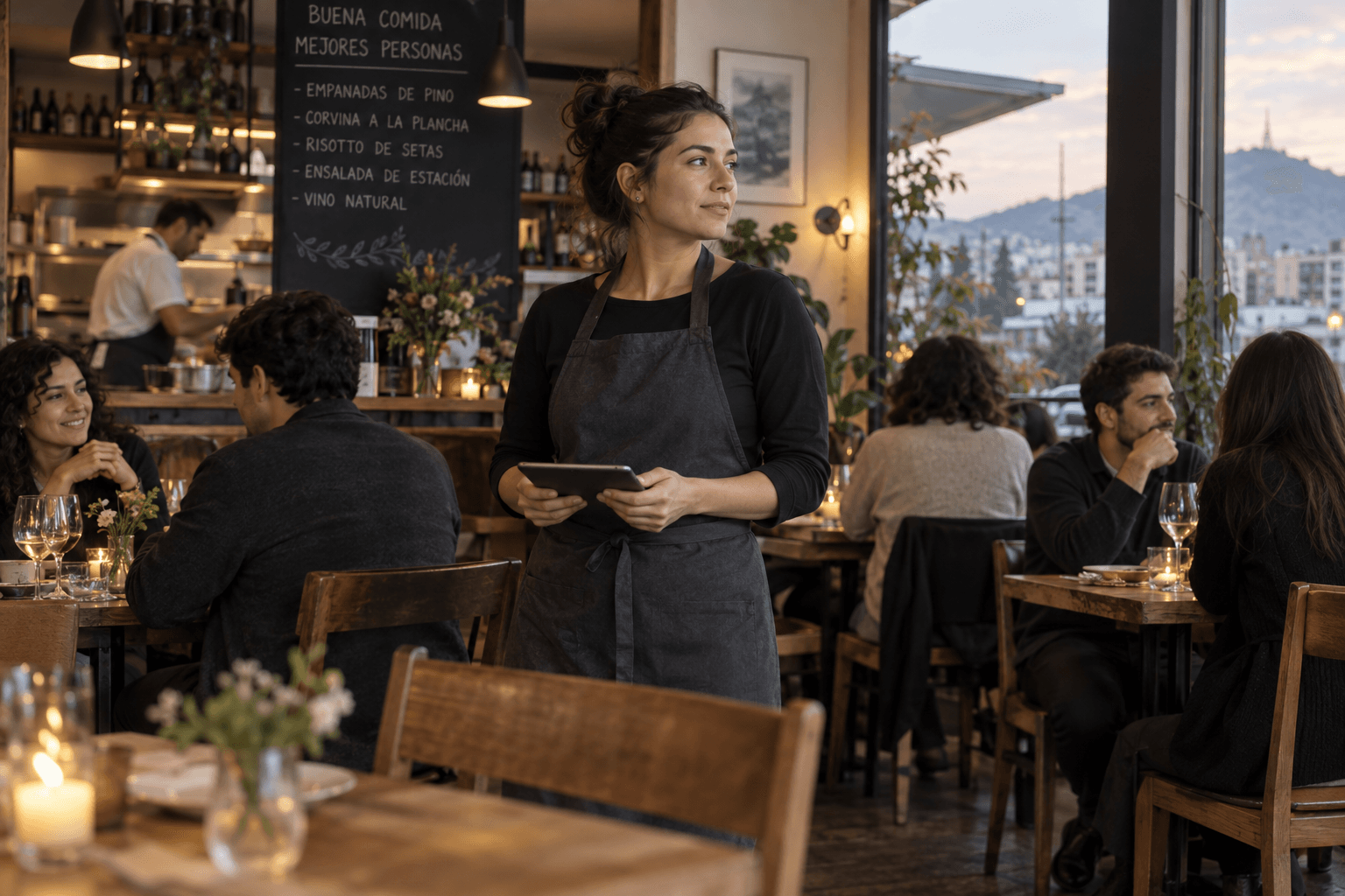 Escena de reservas, mesas, comensales y eventos privados.